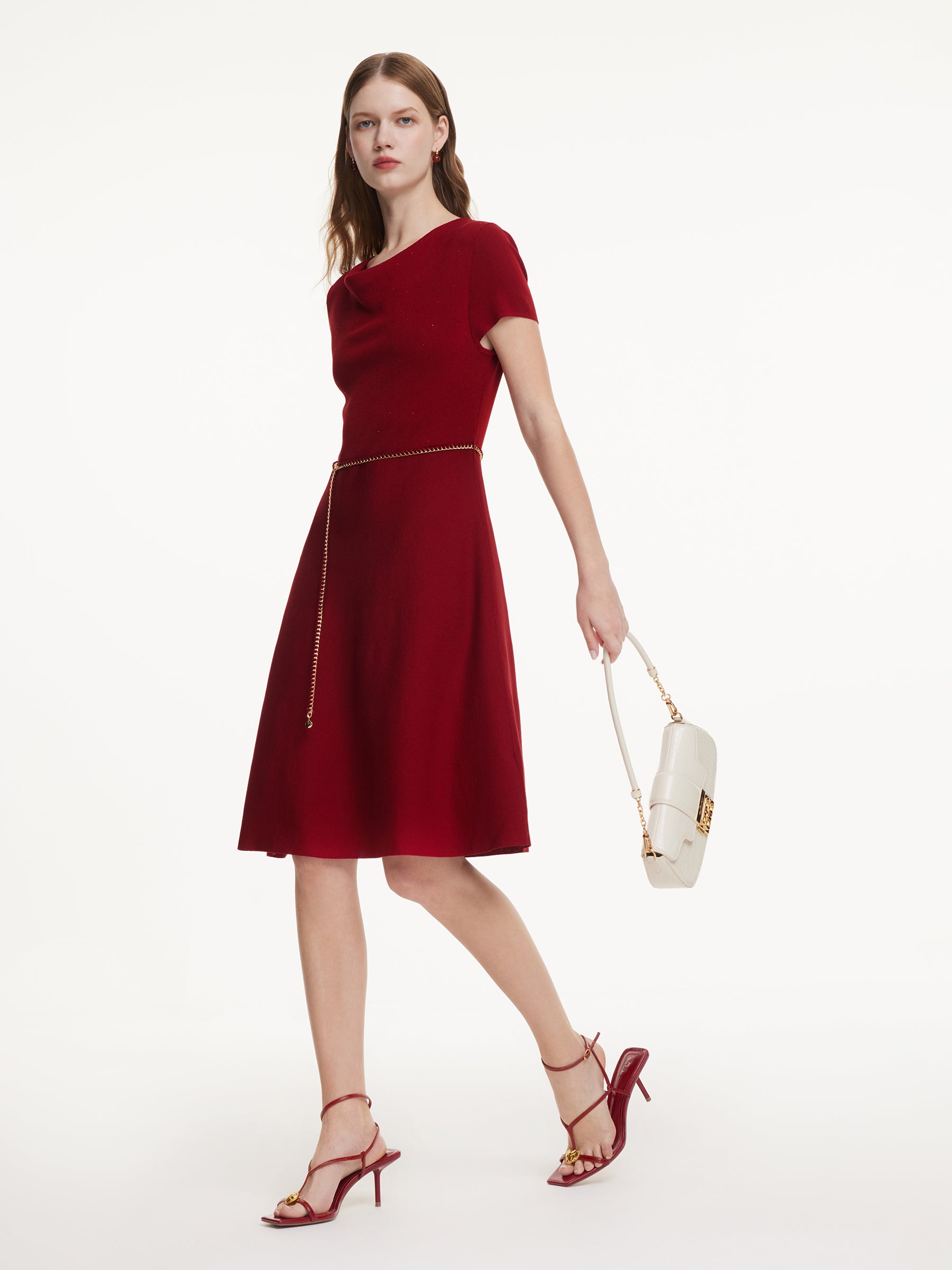 Lyocell Blend Rhinestone Cowl Neck Women Knit Midi Dress With Chain Belt GOELIA