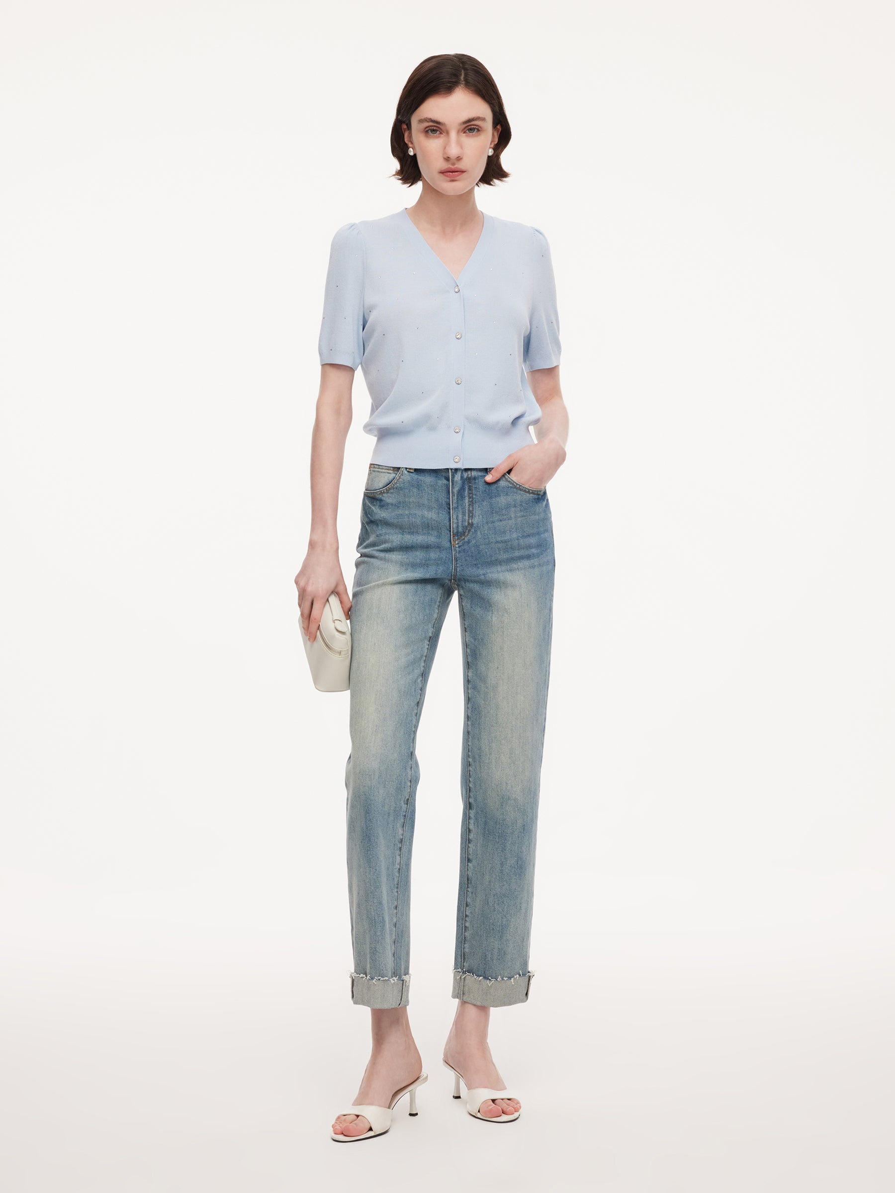 Cotton Denim Adjustable Waist Women Straight Leg Folded Jeans GOELIA