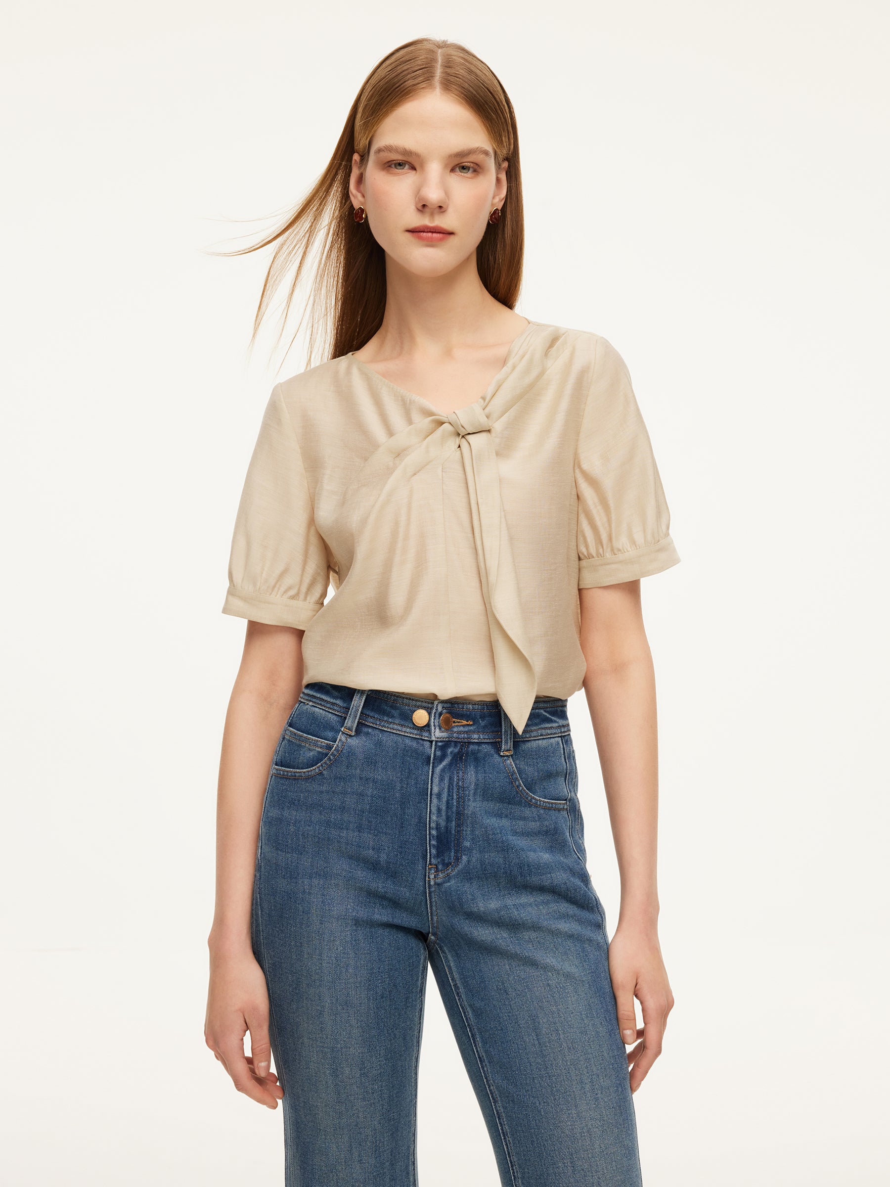 Tencel Acetate Linen Blend Tie Neck Women Blouse GOELIA