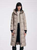 [Preview] Longline Subtle Plaid Belted Goose Down Hooded Overcoat GOELIA