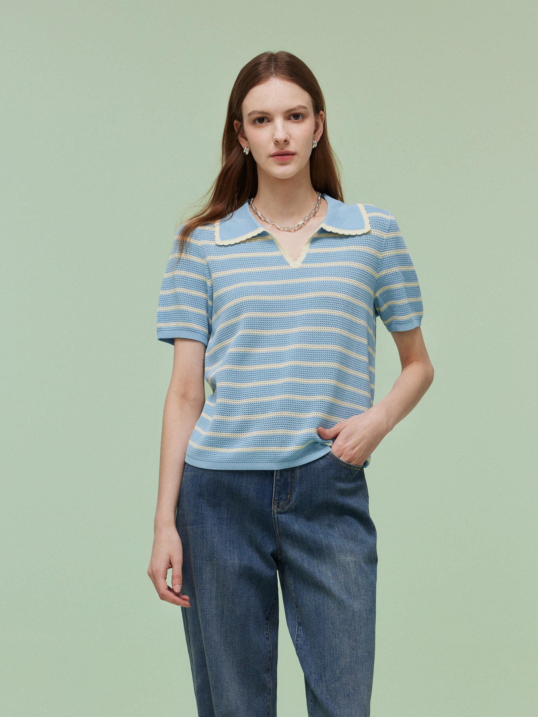 Tencel Blend Stripe Women Knit Top GOELIA