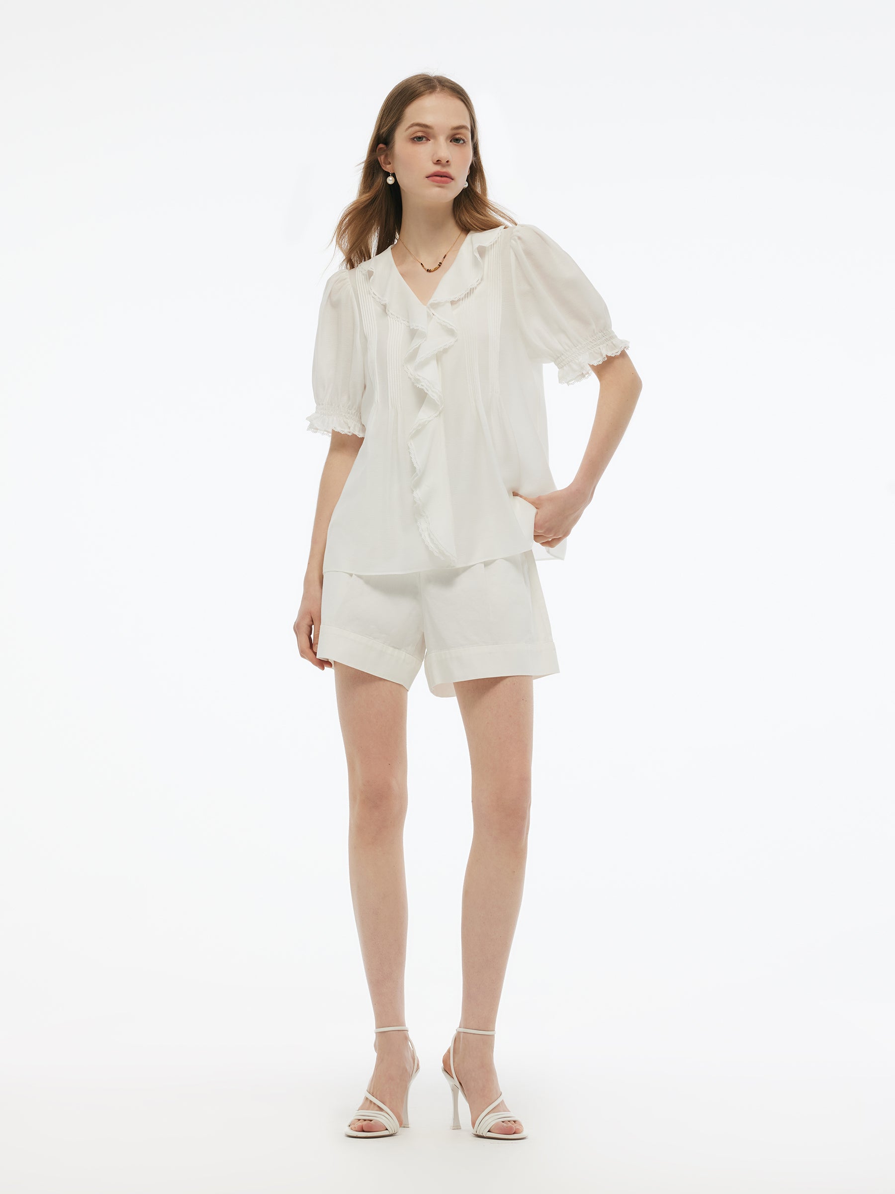 Acetate Blend Ruffle V-Neck Women Blouse GOELIA