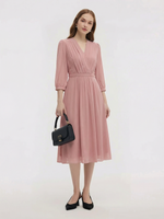 V-Neck Pleated Lace Up Wrap Midi Dress GOELIA