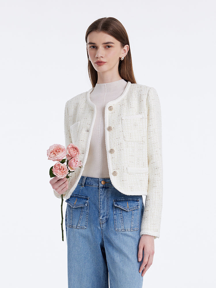 White Knitted Tweed Crop Jacket GOELIA