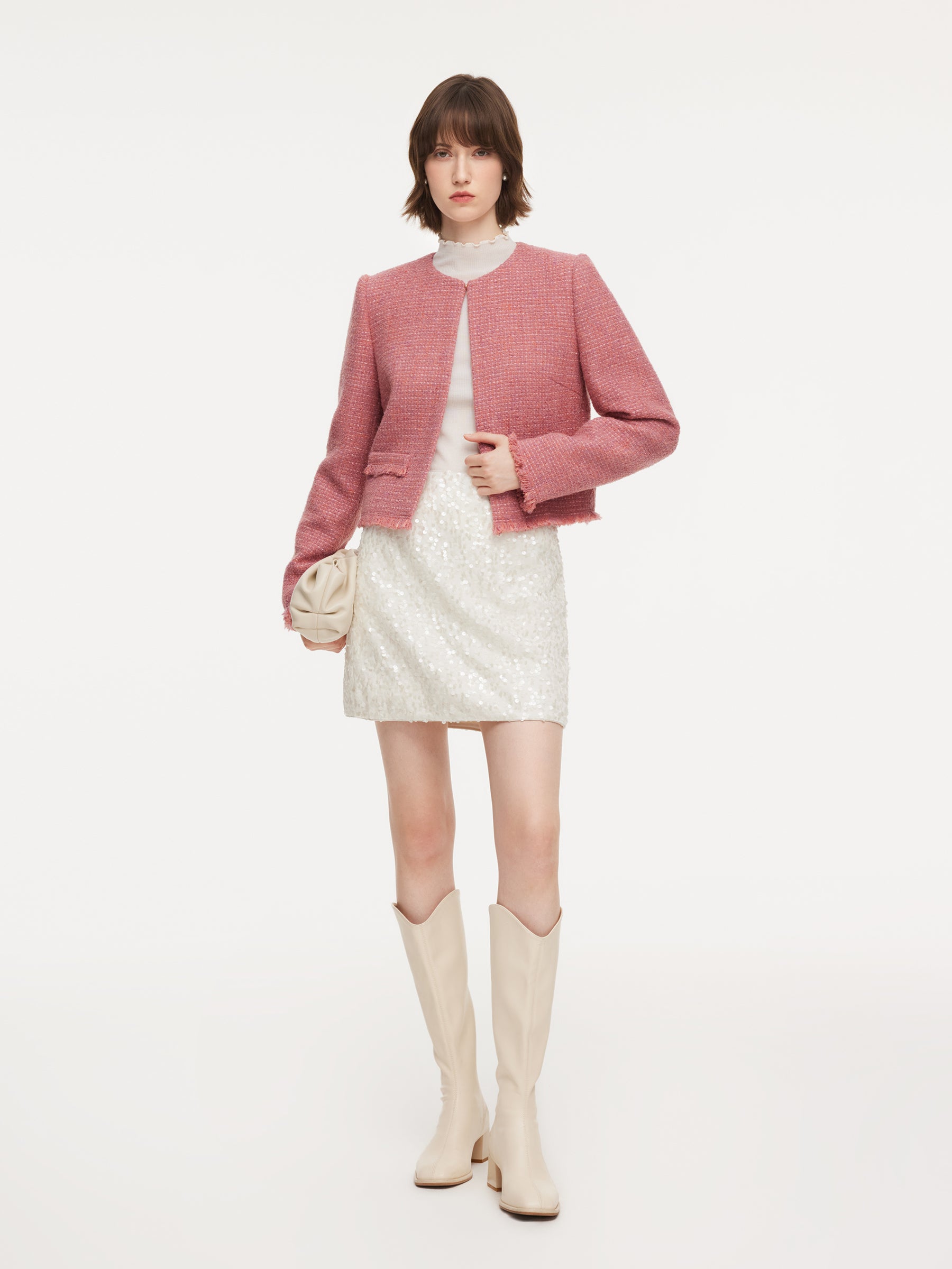 Wool Blend Tweed Frayed Hem Women Jacket GOELIA