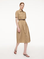 Cotton Blend Women Midi Shirt Dress With Leather Belt GOELIA