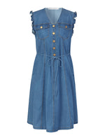 Lyocell Blend Denim V-Neck Women Sleeveless Midi Dress GOELIA