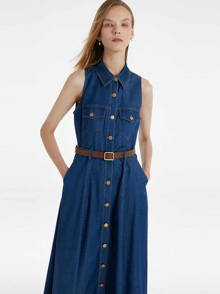 Denim Lapel Women Midi Vest Dress With Belt – GOELIA