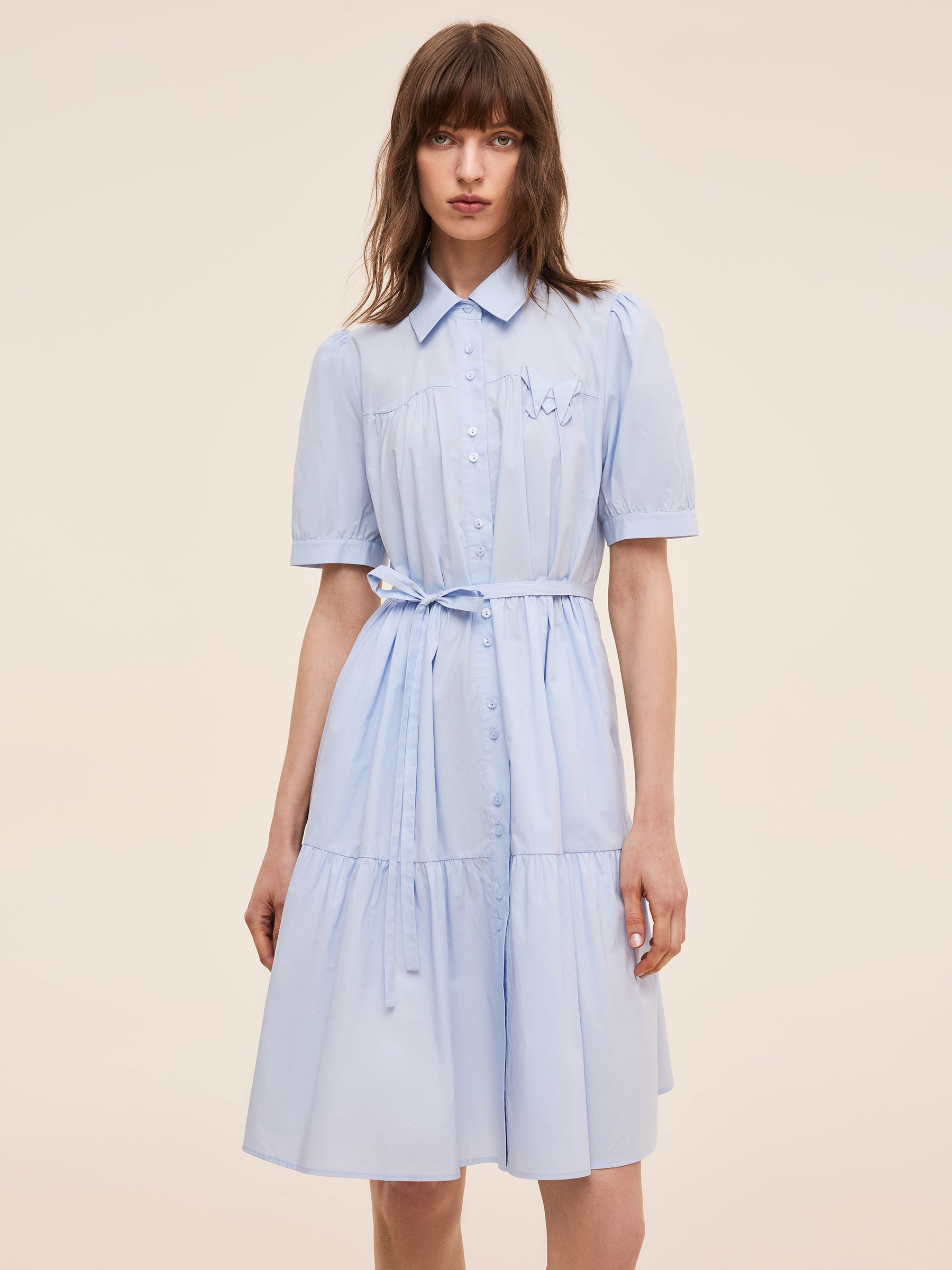 100% Cotton Women Puff Sleeve Mini Dress With Ribbon GOELIA