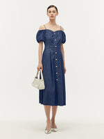 Lyocell Denim Gathered Waist Stretch Women Midi Dress GOELIA
