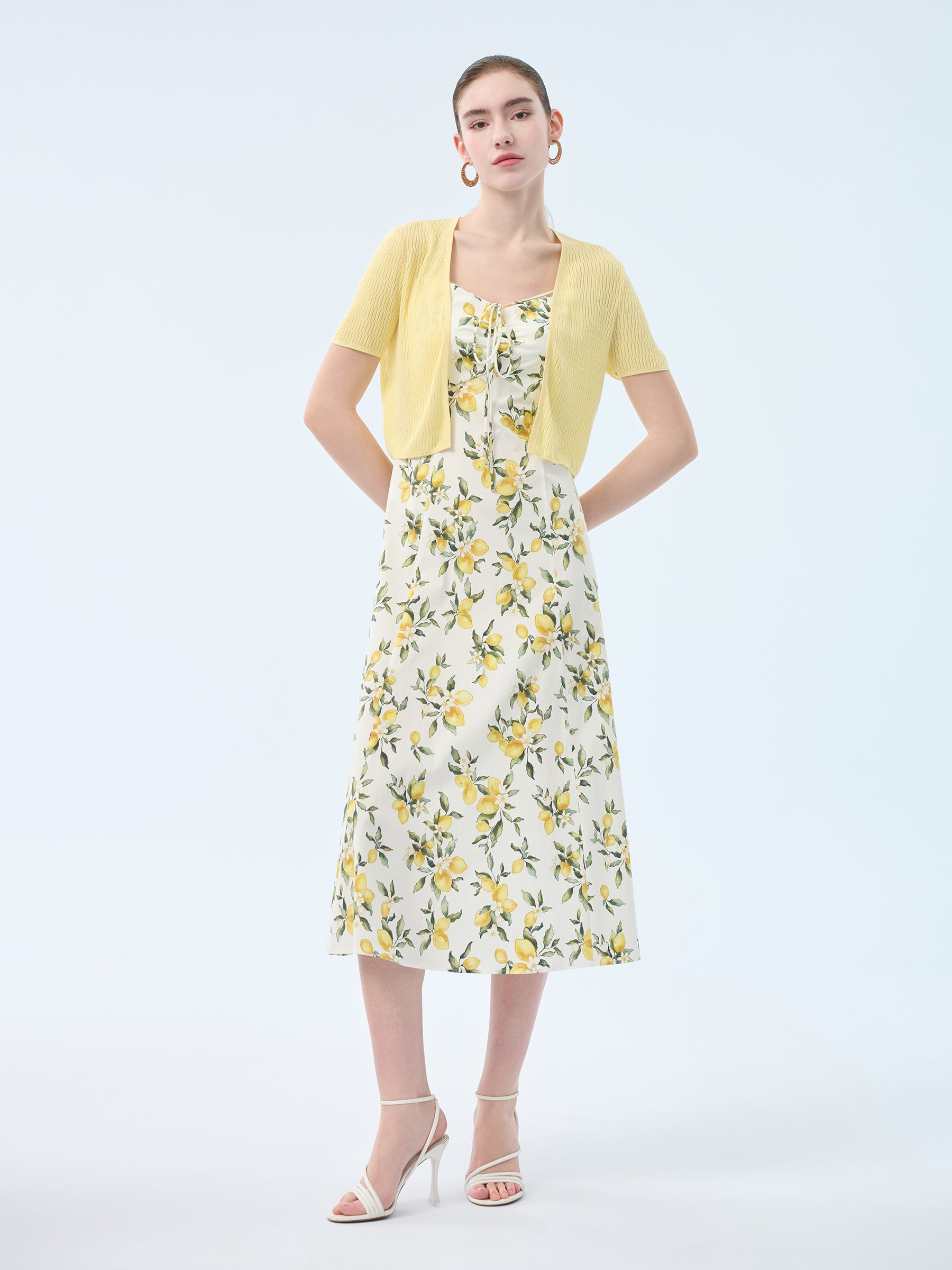 Cotton Lemon Print Strap Dress And Cardigan Two-Piece Set GOELIA