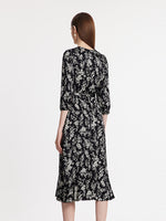 Camellia Printed V-Neck Ruffle Hem Women Midi Wrap Dress GOELIA