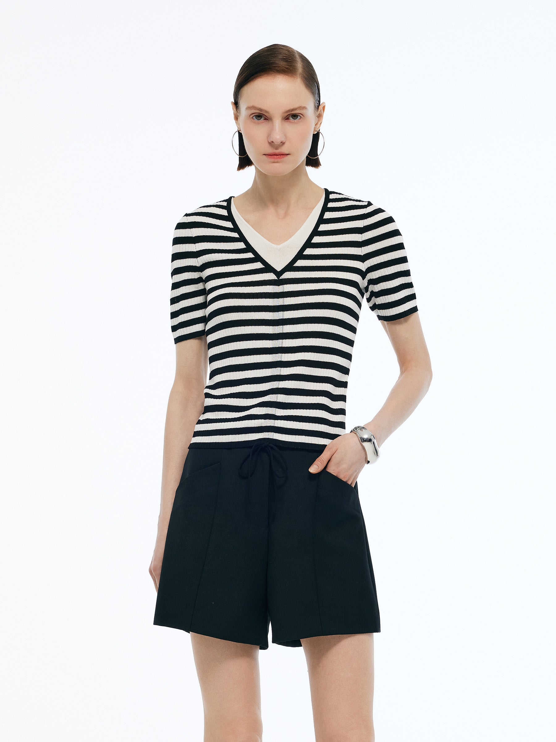 Lyocell Blend Drawstring Women Patchwork Knit Top GOELIA