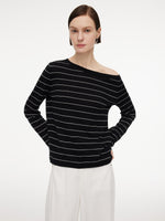 [Preview] Tencel Mulberry Silk Blend One Shoulder Women Stripe Knit Top GOELIA