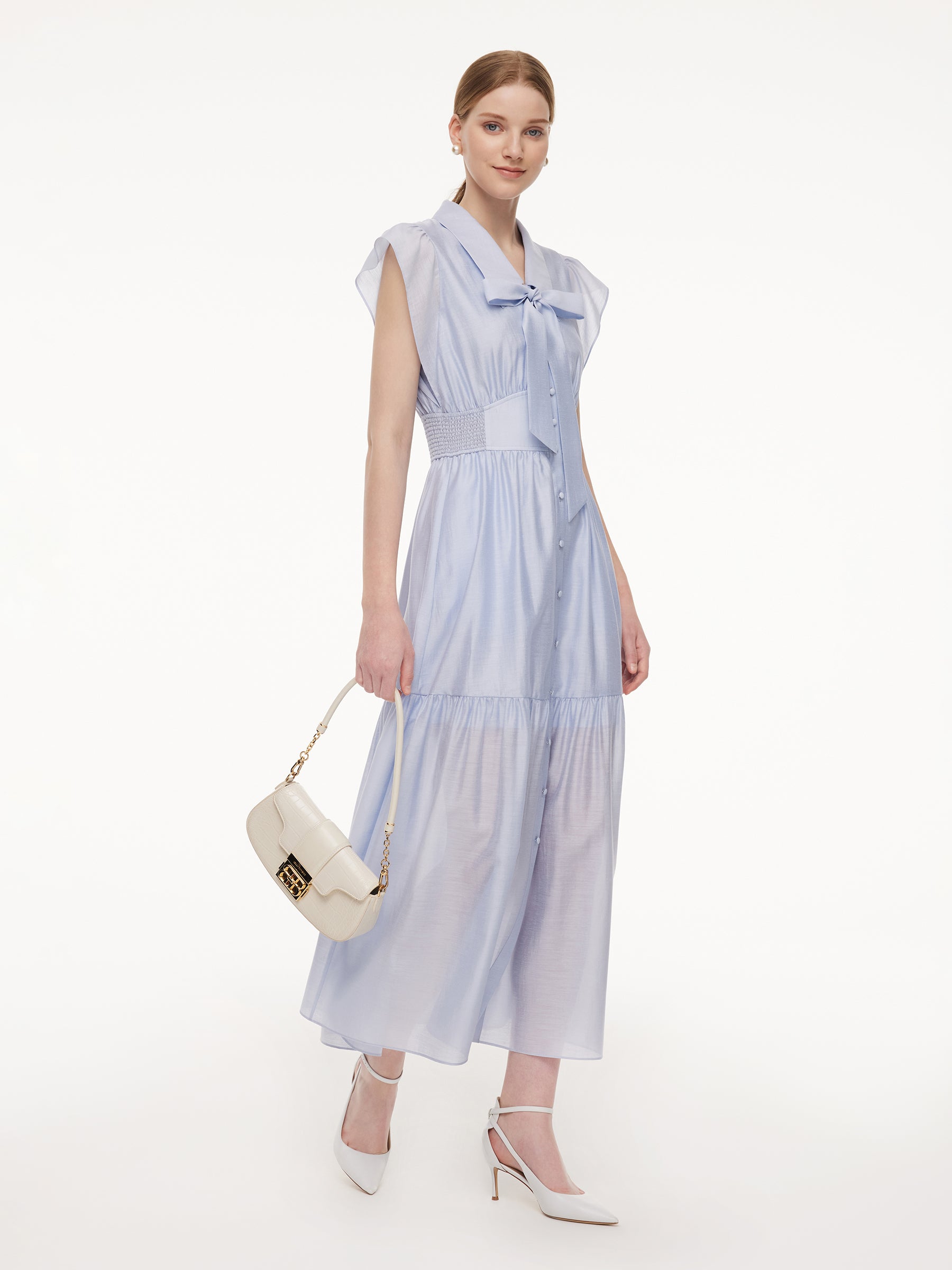 Tencel Acetate Blend Ruffle Cap Sleeve Women Maxi Dress With Ribbon GOELIA