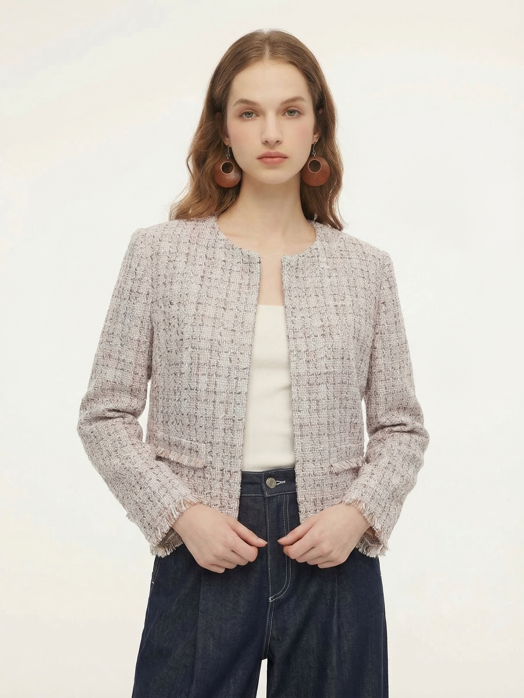 Wool Blend Textured Tweed Frayed Hem Women Jacket GOELIA