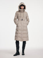 [Preview] Longline Subtle Plaid Belted Goose Down Hooded Overcoat GOELIA