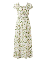 Acetate Blend Floral Print Adjustable Drawstring Neckline Women Maxi Dress GOELIA