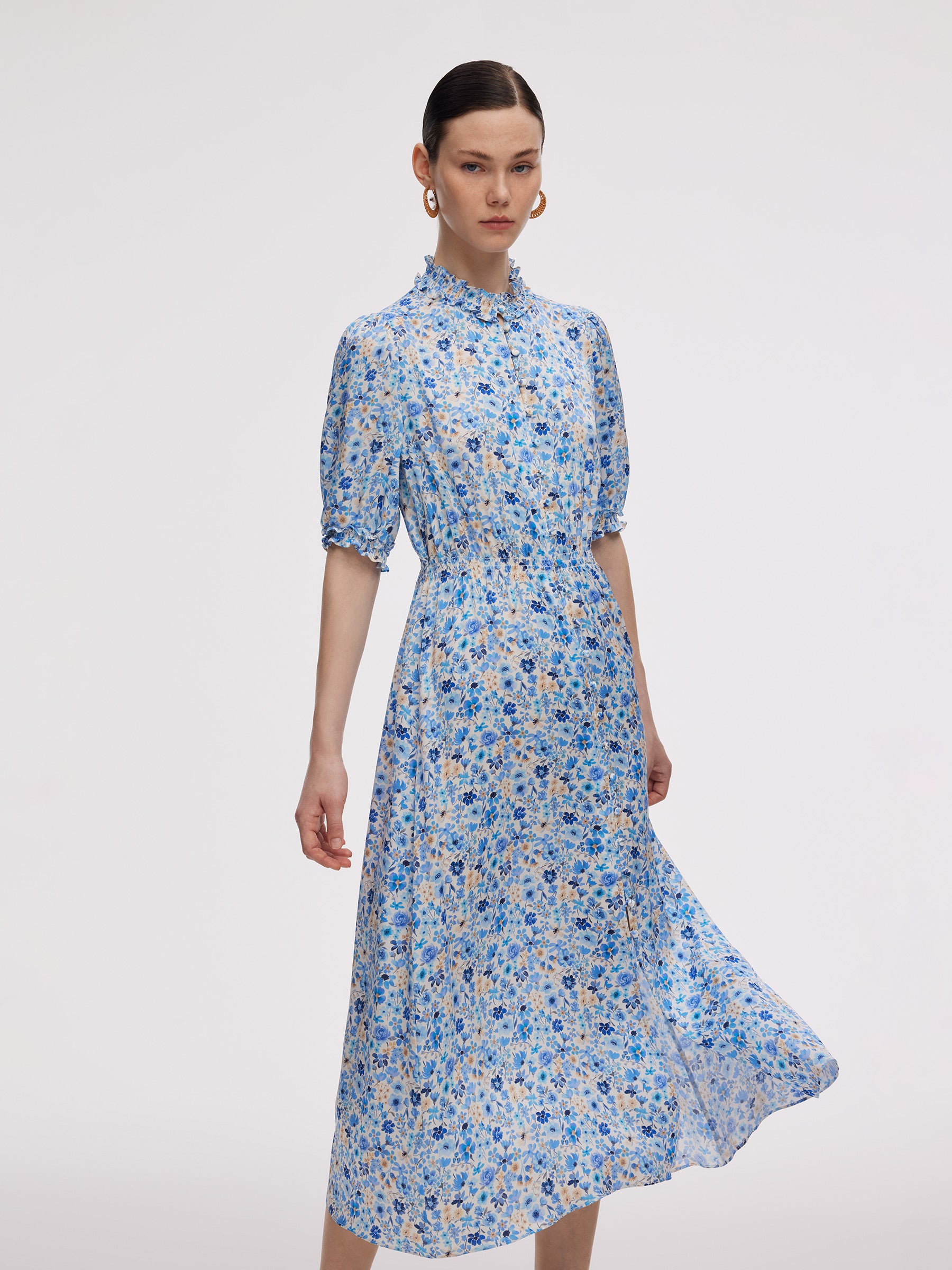 19MM Mulberry Silk Floral Print Ruffle Collar Maxi Dress GOELIA