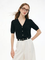 Tencel Wool Blend Rhinestone Women V-Neck Cardigan GOELIA