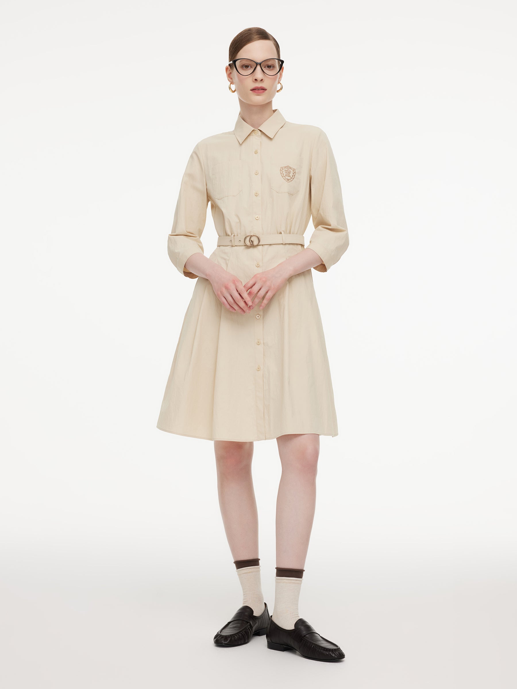 Cotton Letter Embroidered Women Belted Midi Shirt Dress With Detachable Sailor Collar GOELIA