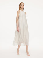 Ruffle Neckline Women Halter Maxi Dress With Floral Ribbon GOELIA