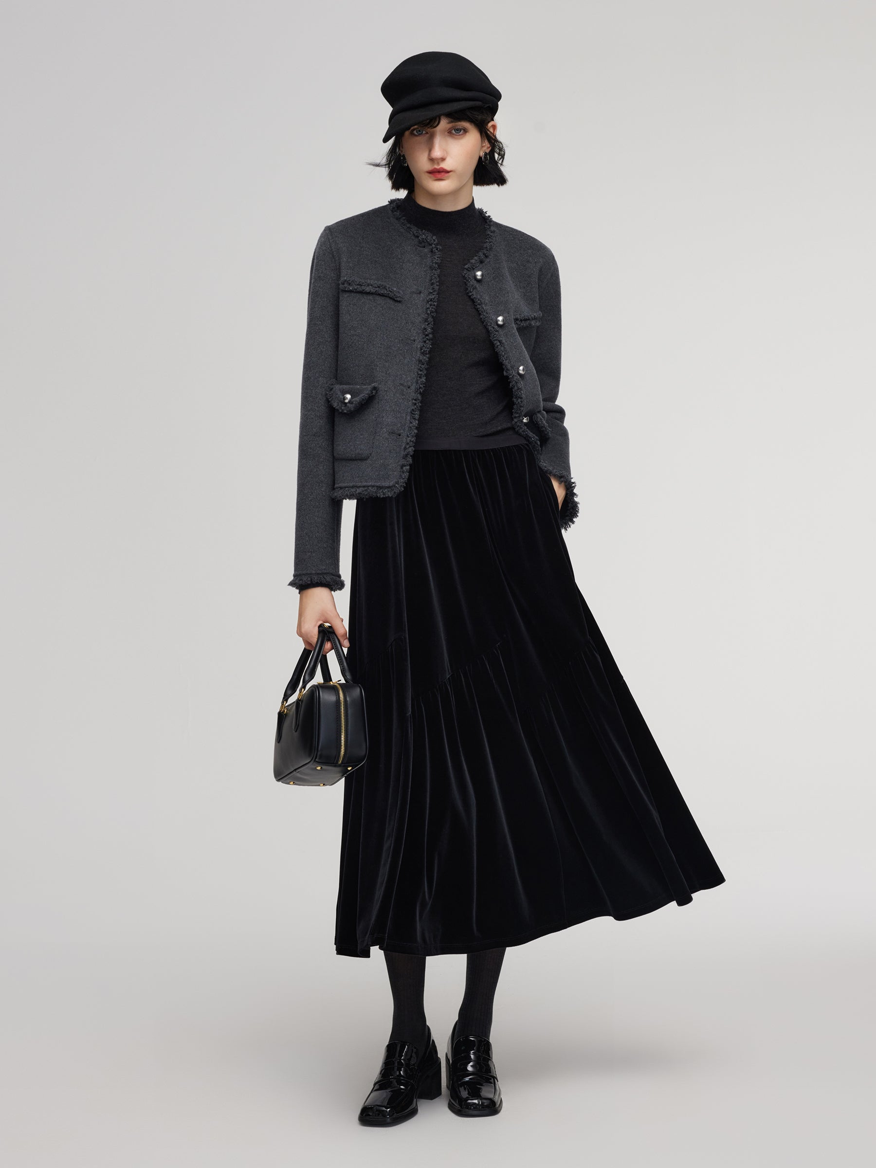 [Preview] Black Velvet A-Line Elastic Waist Women Skirt GOELIA