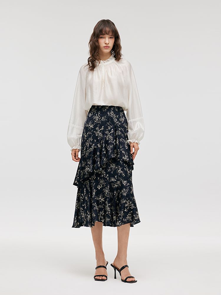 Floral Printed Ruffle Trim Women Half Skirt GOELIA