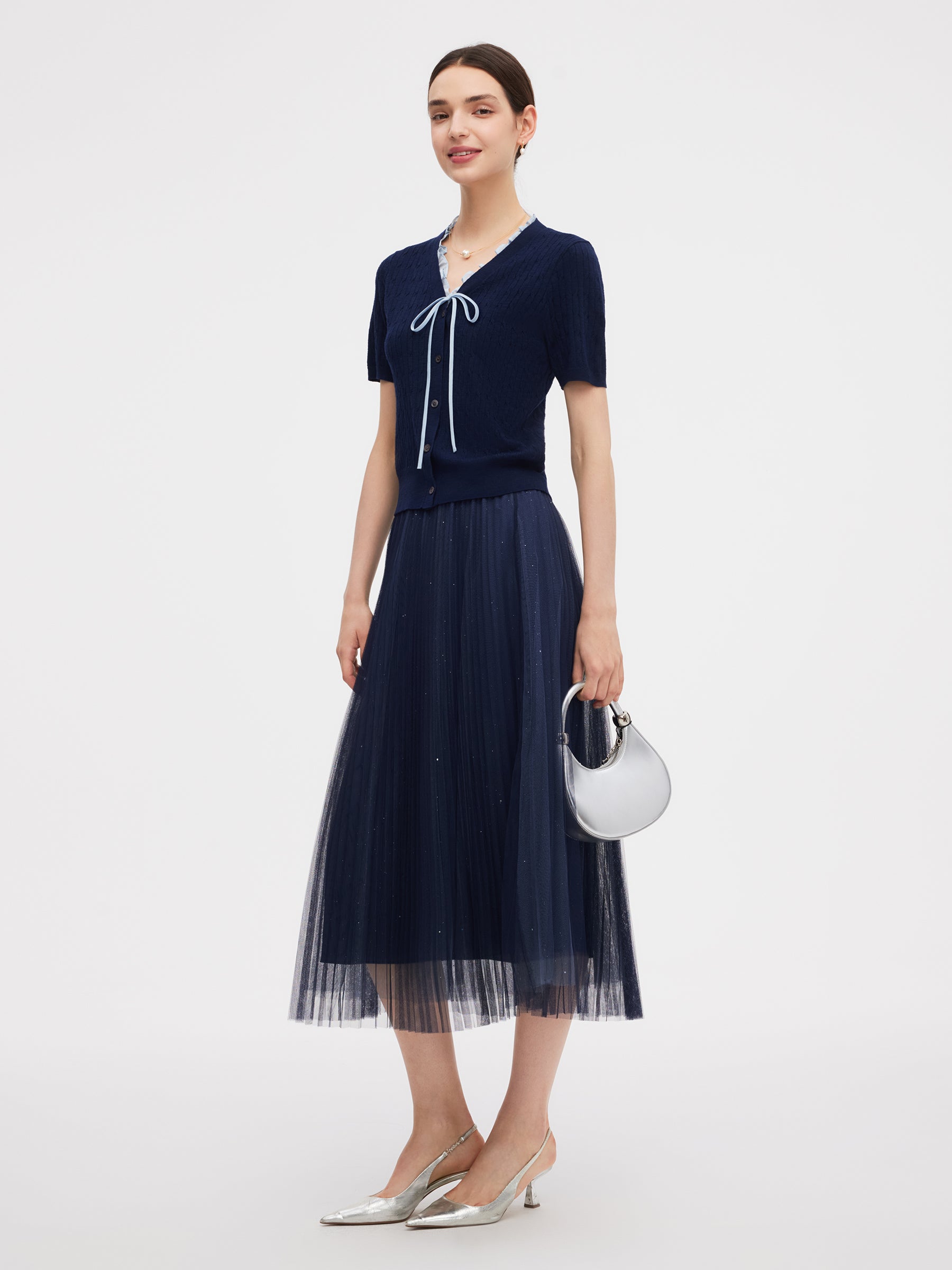 Ruffle V-Neck Knit Top And Pleated Mesh Skirt Two-Piece Set GOELIA