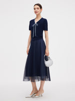 Ruffle V-Neck Knit Top And Pleated Mesh Skirt Two-Piece Set GOELIA