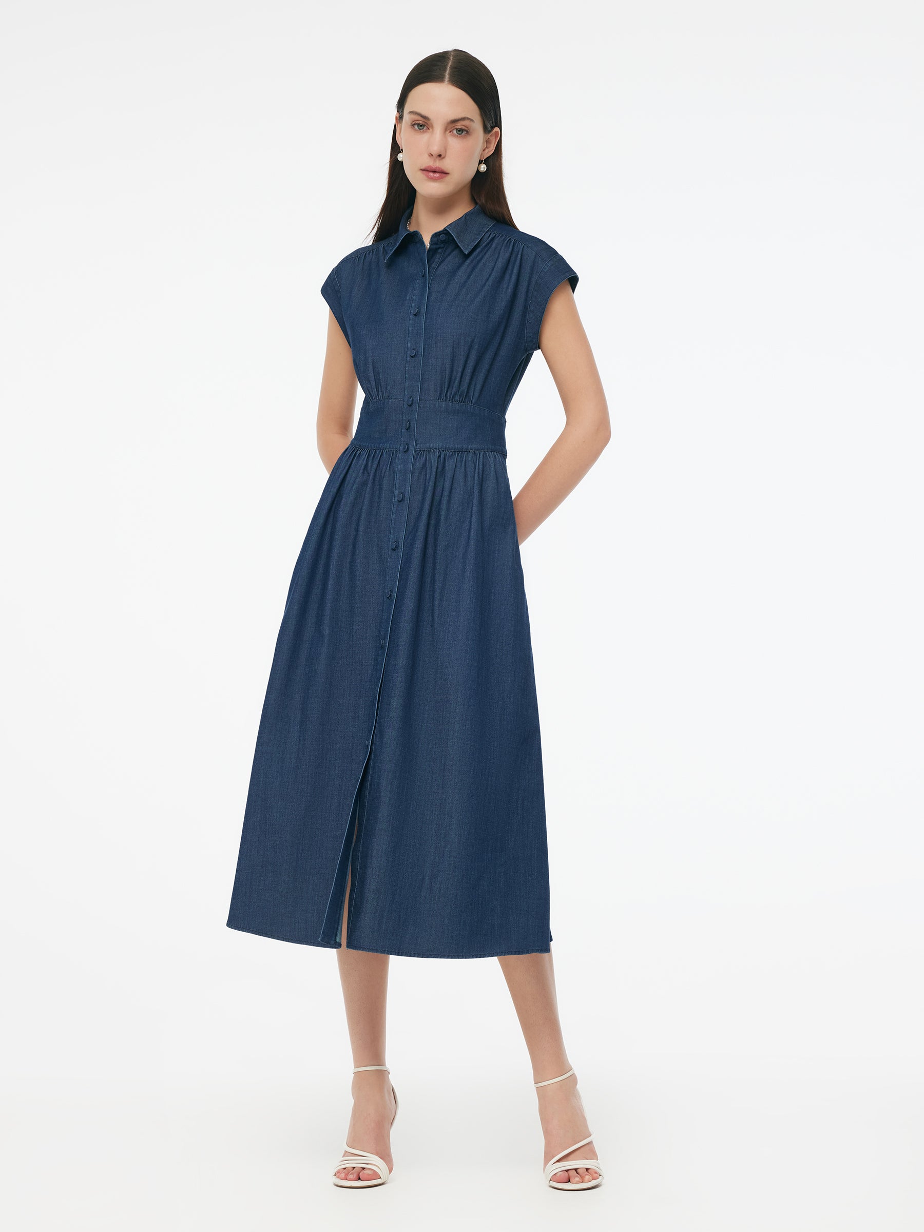Denim Stretch Women Maxi Shirt Dress GOELIA