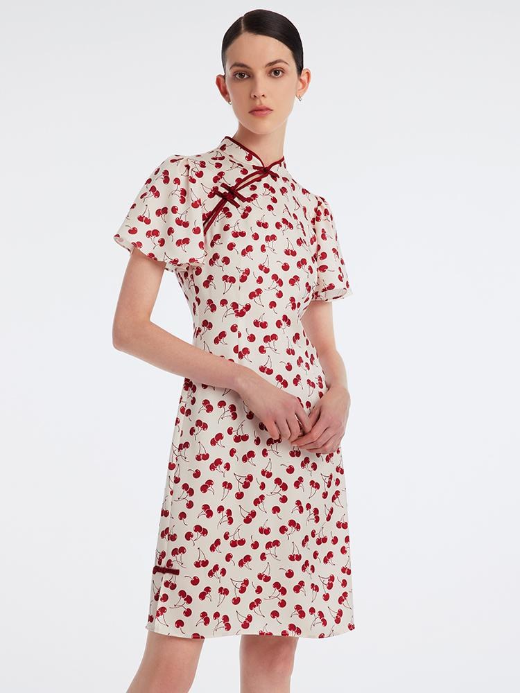 Mandarin Collar Cherry Print Cheongsam Qipao Midi Dress GOELIA