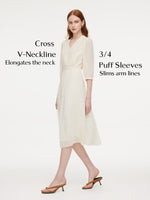 V-Neck Back Tie Women 3/4 Sleeve Midi Dress GOELIA