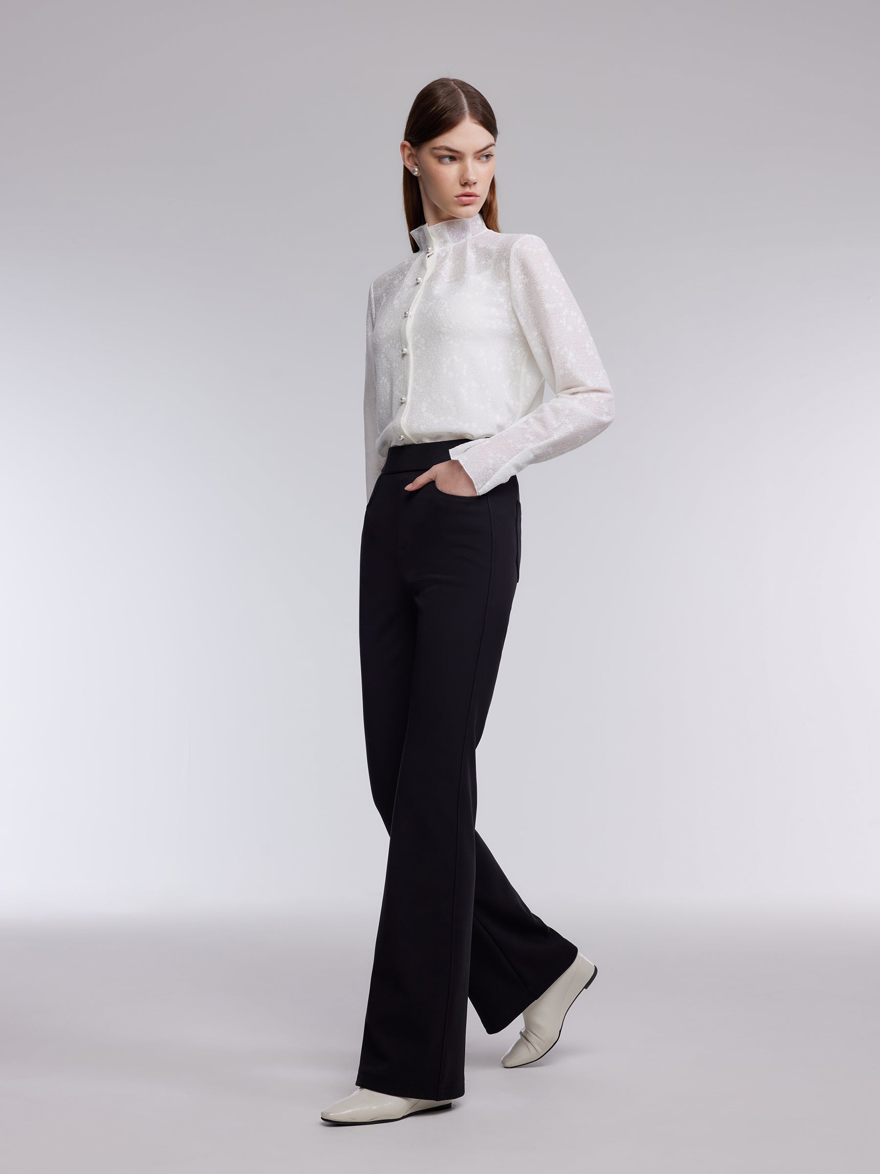 Jacquard Ruffle Collar Women Knit Shirt With Camisole GOELIA