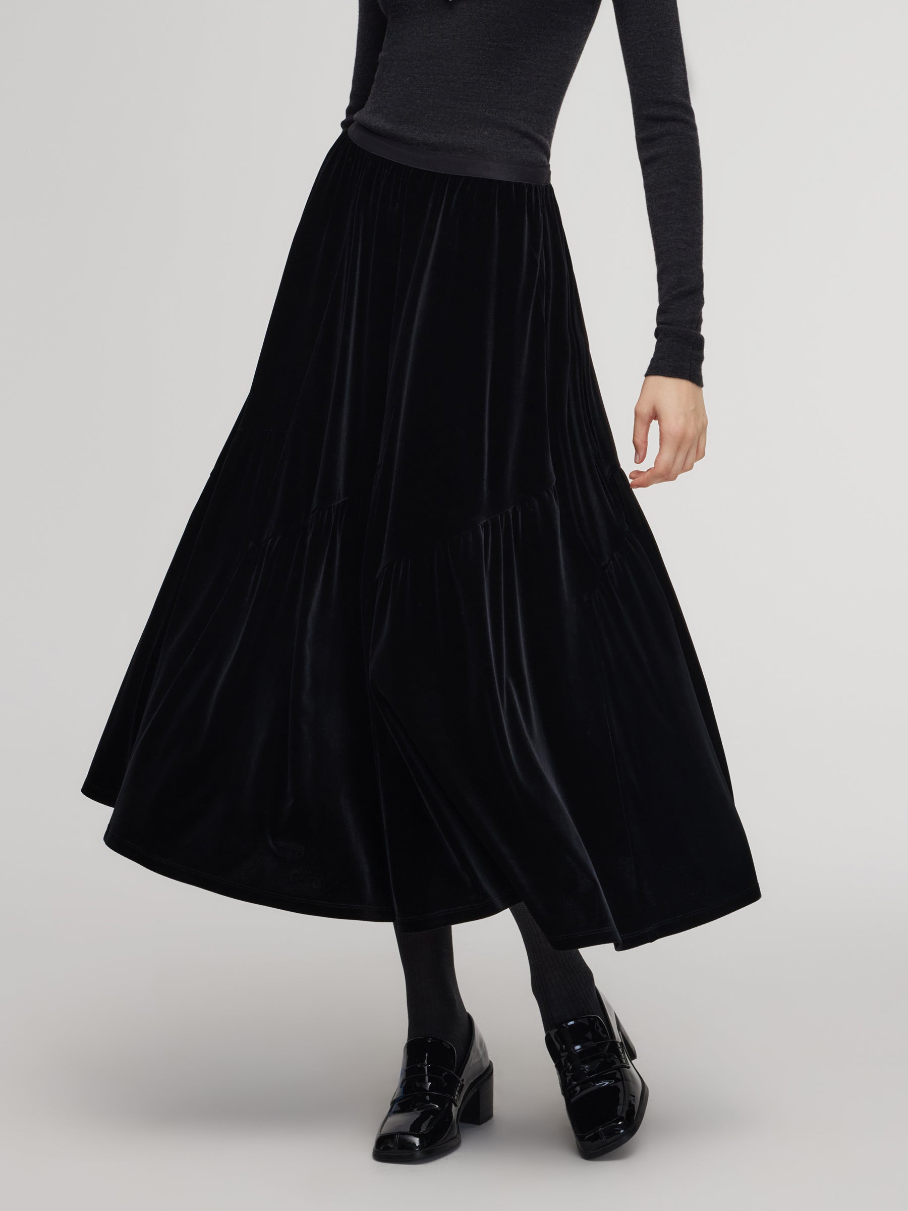 [Preview] Black Velvet A-Line Elastic Waist Women Skirt GOELIA