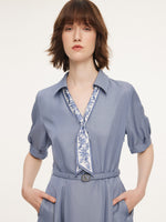 Acetate Tencel Linen Blend Women Midi Dress With Silk Scarf And Belt GOELIA