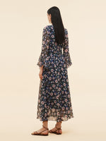 10MM Mulberry Silk Floral Print Women V-Neck Maxi Dress GOELIA