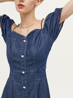 Lyocell Denim Gathered Waist Stretch Women Midi Dress GOELIA