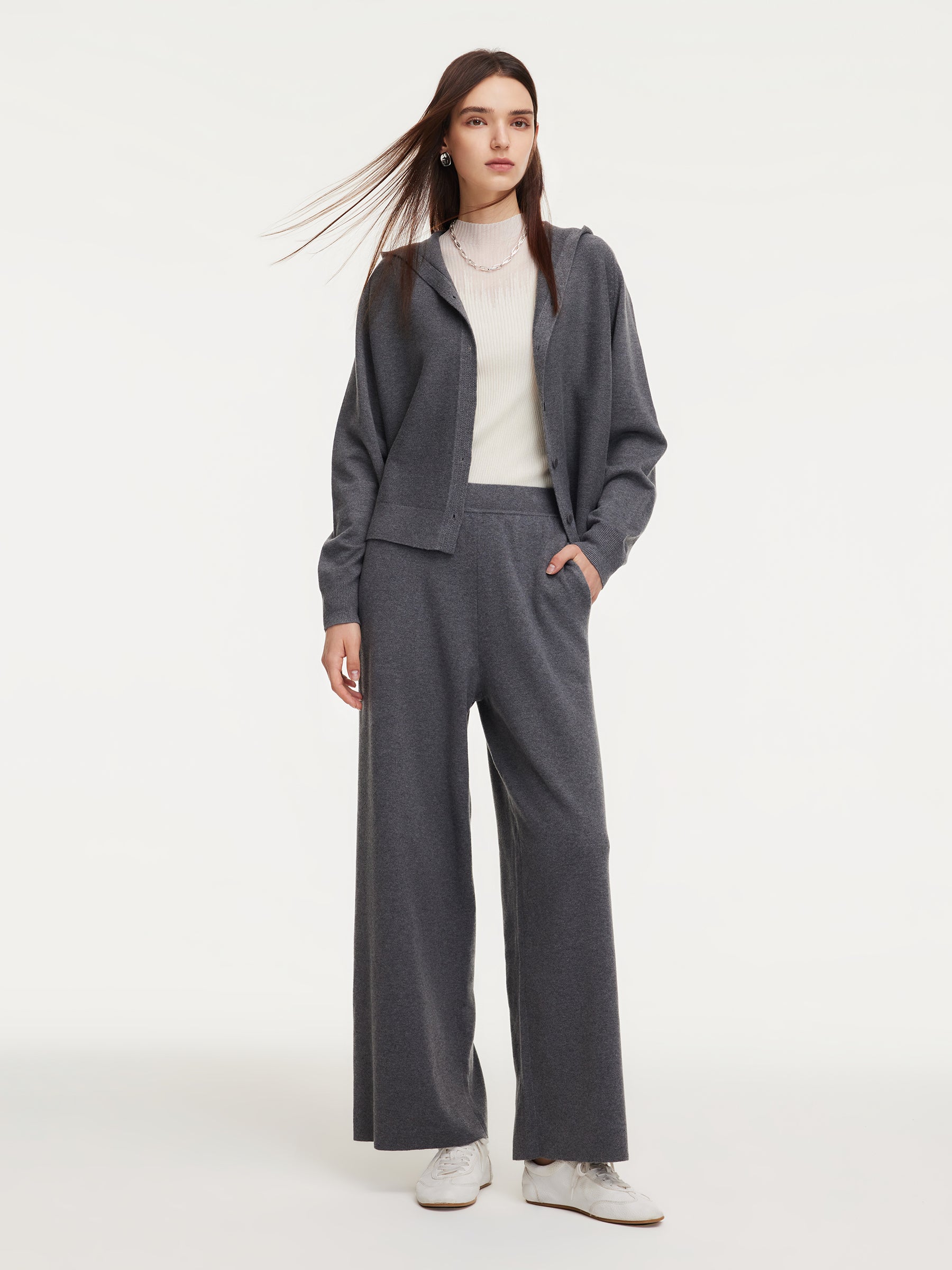 [Preview] Hooded Cardigan And Knit Pants Two-Piece Set GOELIA