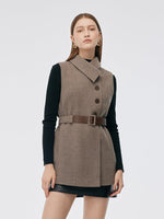 100% Washable Wool Beige Check Cape And Vest Two-Piece With Belt GOELIA