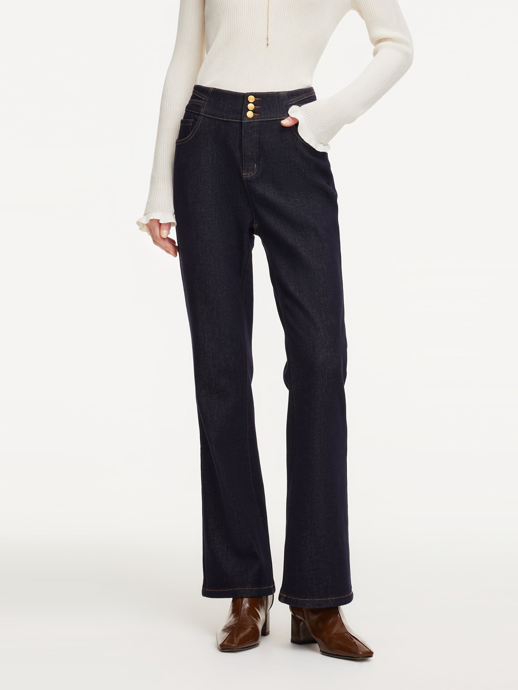 Denim High-Waisted Stretch Fleece Lined Women Micro-Flared Jeans GOELIA