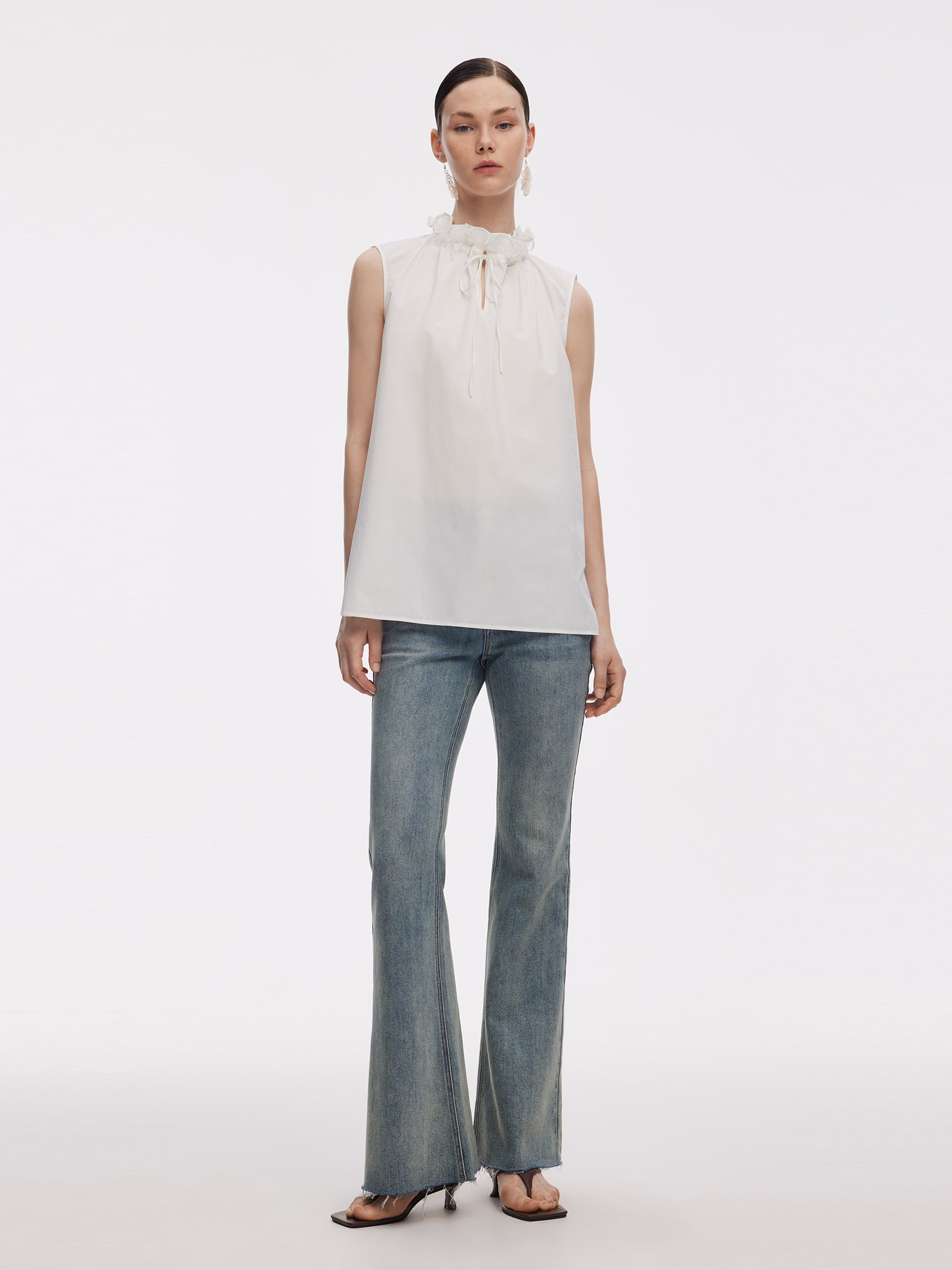 100% Cotton Ruffled Collar Women Sleeveless Blouse GOELIA