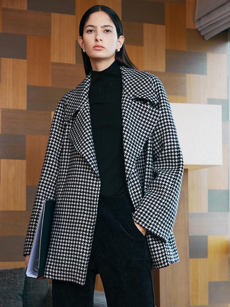 Washable Wool Houndstooth Coat With Belt GOELIA