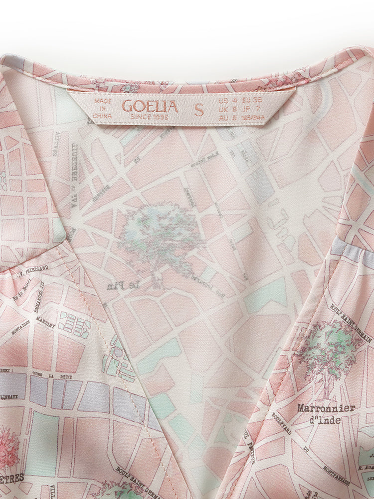 19 Momme Mulberry Silk Map Printed Ruffle Wrapped Women Mini Dress GOELIA