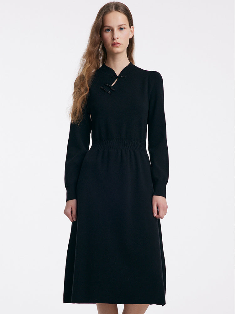 Tencel Wool Cheongsam Button Gathered Waist Women Qipao Dress GOELIA