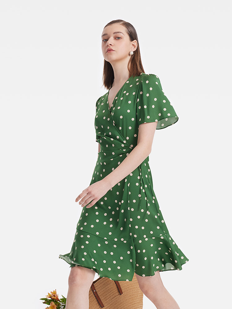 19 Momme Mulberry Silk Polka Dots Printed Ruffle Women Mini Dress With Scrunchie GOELIA