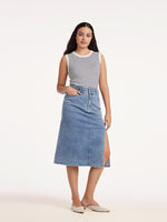 Blue High Waist Slit Denim Skirt GOELIA
