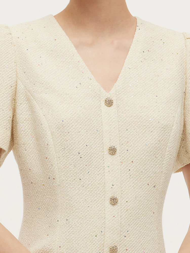 Pre-Order Tweed Sequins V-Neck Ruffle Hem Women Mini Dress GOELIA