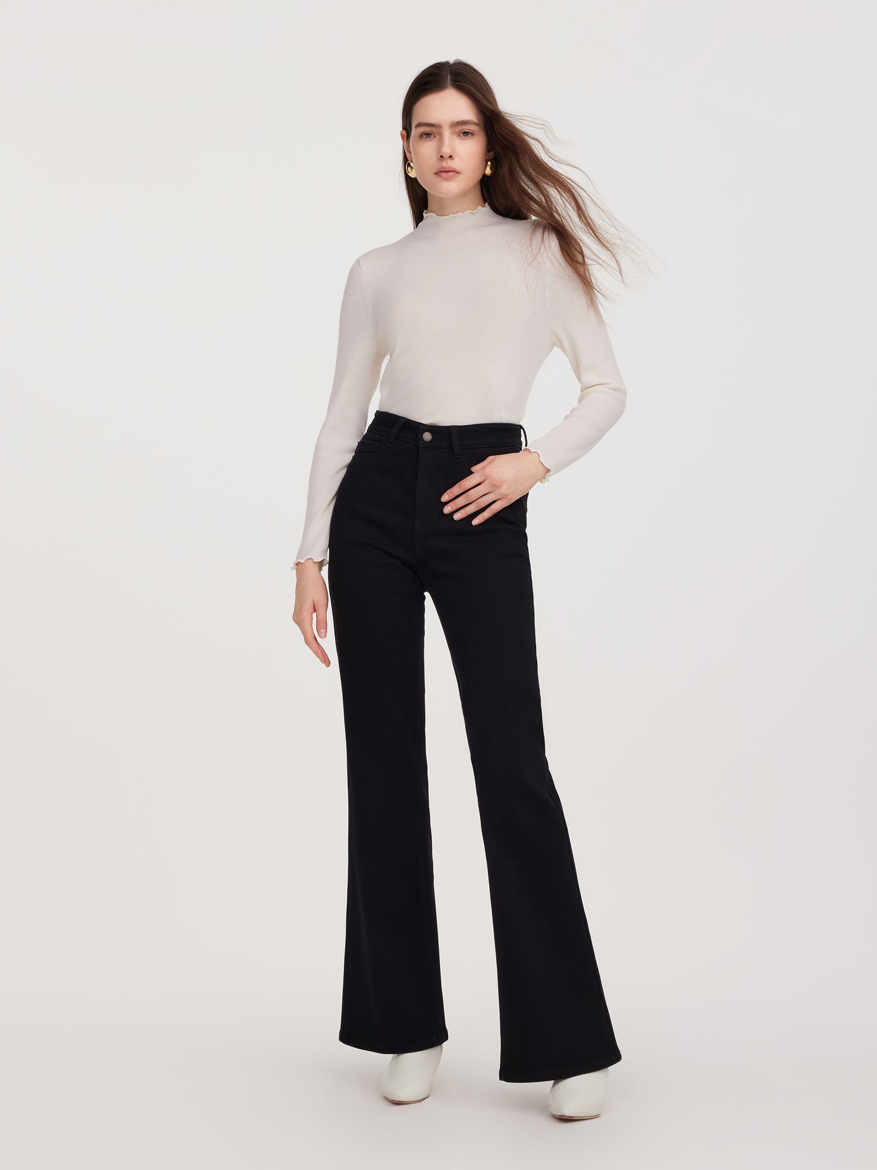 Wool Blend Denim Adjustable Waist Women Flared Jeans GOELIA