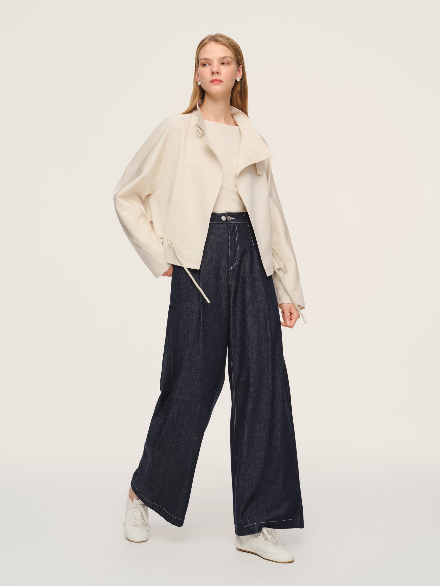 Tencel Blend Drawstring Hem Women Short Trench Coat GOELIA